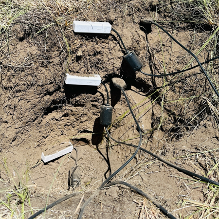 A hole dug in the ground with soil sensors installed at three depths, with details and callouts describing their functions.